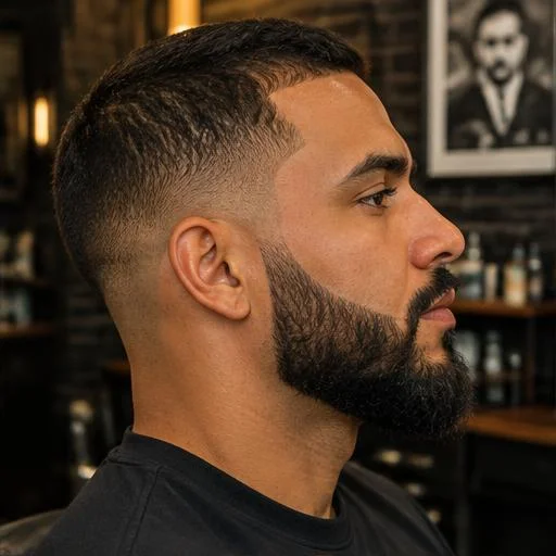 Barba desenhada com corte masculino curto — foto ilustrativa
